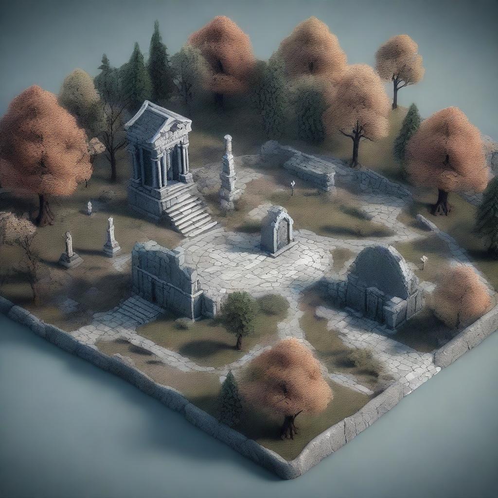 A high-quality 3D render of a Dungeons and Dragons map designed for a cemetery