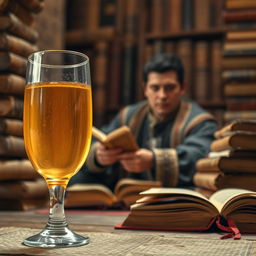 A close-up image featuring a glass of pisco positioned on the left side of the canvas