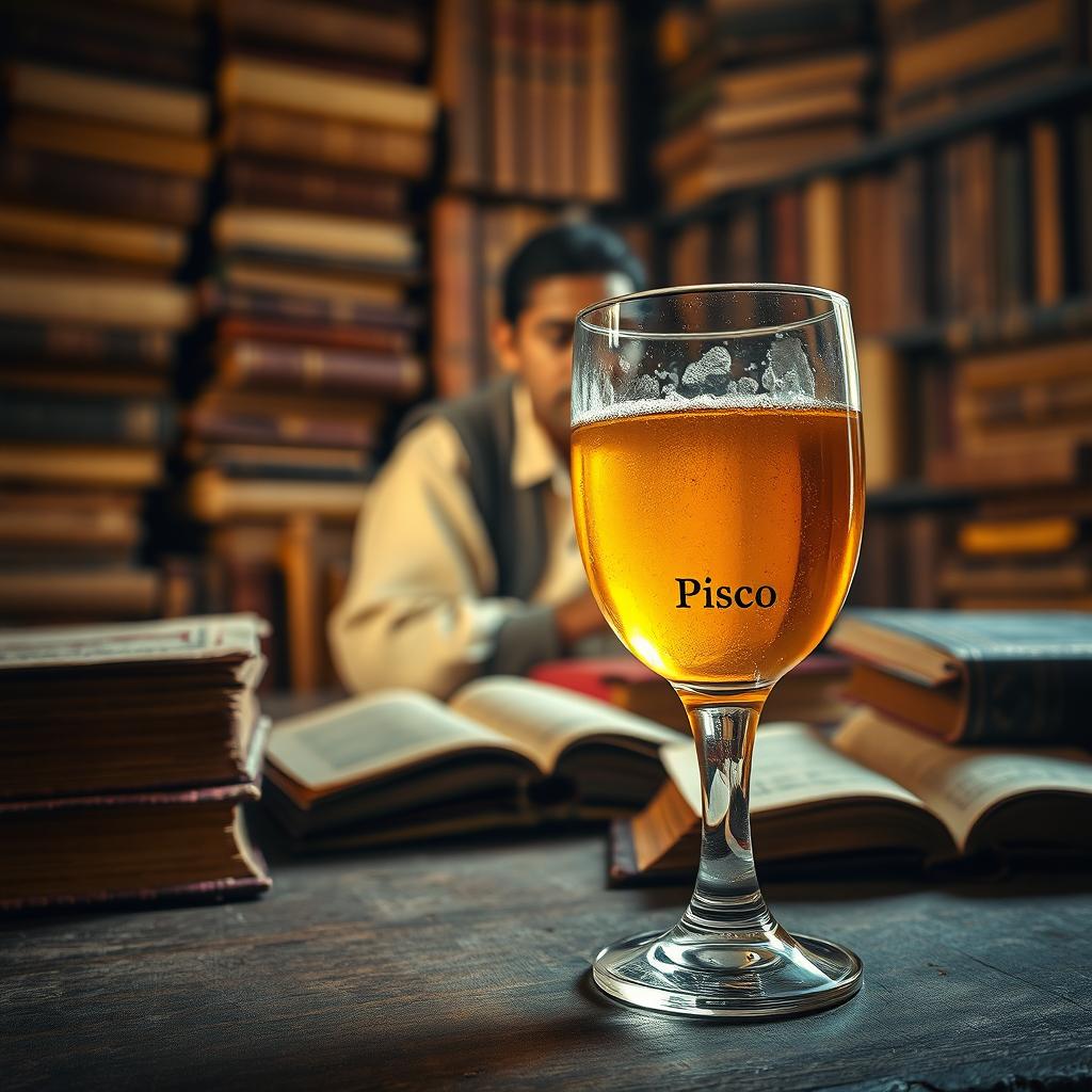 A close-up image featuring a glass of pisco positioned on the left side of the canvas