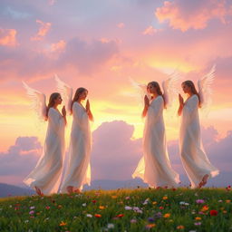 A peaceful landscape showcasing four majestic nabi (angels), each depicted with translucent wings, glowing a soft ethereal light