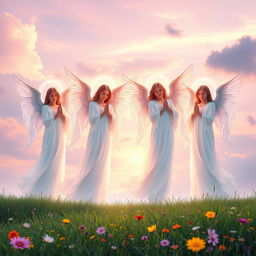 A peaceful landscape showcasing four majestic nabi (angels), each depicted with translucent wings, glowing a soft ethereal light
