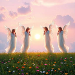 A peaceful landscape showcasing four majestic nabi (angels), each depicted with translucent wings, glowing a soft ethereal light