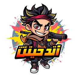 Design a young Arabic character for a video game, depicted as a dynamic and insane icon or logo
