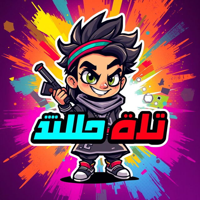 Design a young Arabic character for a video game, depicted as a dynamic and insane icon or logo