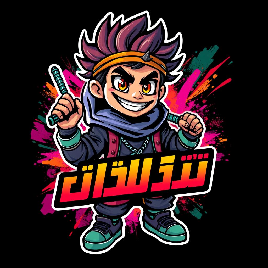 Design a young Arabic character for a video game, depicted as a dynamic and insane icon or logo