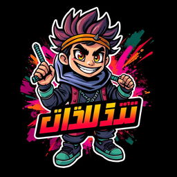 Design a young Arabic character for a video game, depicted as a dynamic and insane icon or logo