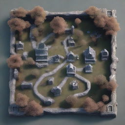 A high-quality top-down 3D render of a Dungeons and Dragons map for a graveyard