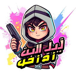 Design a young Arabic character for a video game, depicted as a dynamic and insane icon or logo