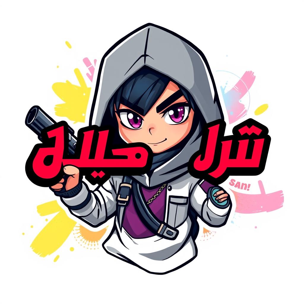 Design a young Arabic character for a video game, depicted as a dynamic and insane icon or logo