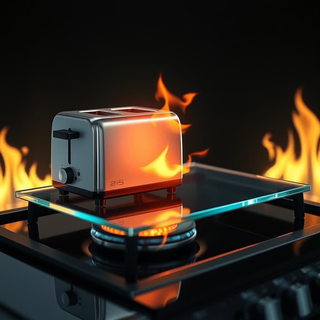 A transparent heat conducting sheet with a toaster placed at one extreme corner