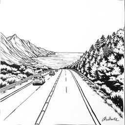 A hand-drawn black and white painting of a Mediterranean landscape