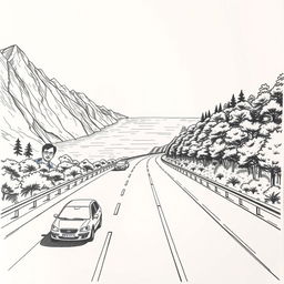 A hand-drawn black and white painting of a Mediterranean landscape