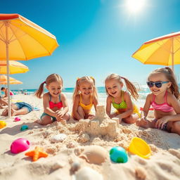 A scene capturing the joy of a summer beach day, featuring vibrant and colorful beach elements