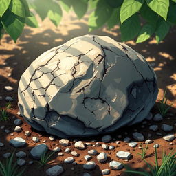a detailed and realistic illustration of a stone, showcasing its unique texture and color variations, with shadows and highlights enhancing the three-dimensional effect, placed on a natural surface such as soil or grass, surrounded by small pebbles, sunlight filtering through leaves creating a dappled light effect