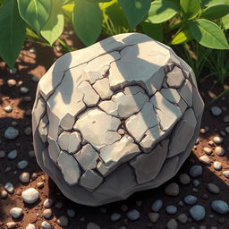 a detailed and realistic illustration of a stone, showcasing its unique texture and color variations, with shadows and highlights enhancing the three-dimensional effect, placed on a natural surface such as soil or grass, surrounded by small pebbles, sunlight filtering through leaves creating a dappled light effect