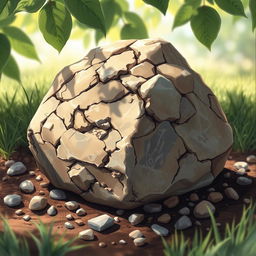 a detailed and realistic illustration of a stone, showcasing its unique texture and color variations, with shadows and highlights enhancing the three-dimensional effect, placed on a natural surface such as soil or grass, surrounded by small pebbles, sunlight filtering through leaves creating a dappled light effect