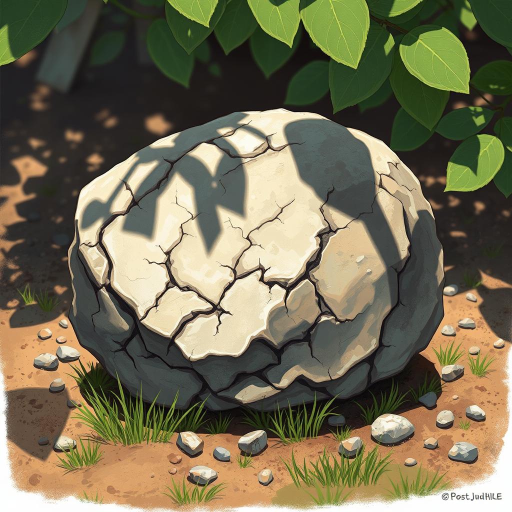 a detailed and realistic illustration of a stone, showcasing its unique texture and color variations, with shadows and highlights enhancing the three-dimensional effect, placed on a natural surface such as soil or grass, surrounded by small pebbles, sunlight filtering through leaves creating a dappled light effect