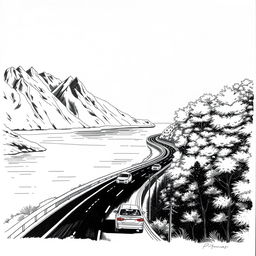 A black and white hand-drawn painting capturing the essence of the Mediterranean landscape