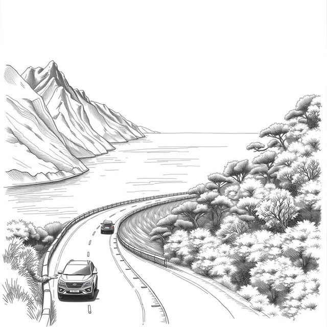 A black and white hand-drawn painting capturing the essence of the Mediterranean landscape