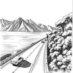 A black and white hand-drawn painting capturing the essence of the Mediterranean landscape