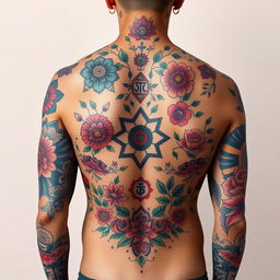 A detailed and artistic representation of a tattooed body showcasing an array of vibrant tattoos