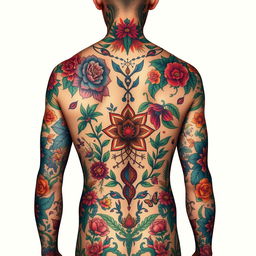 A detailed and artistic representation of a tattooed body showcasing an array of vibrant tattoos