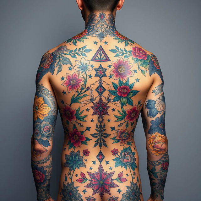 A detailed and artistic representation of a tattooed body showcasing an array of vibrant tattoos