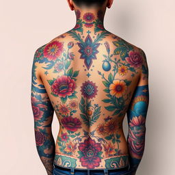 A detailed and artistic representation of a tattooed body showcasing an array of vibrant tattoos