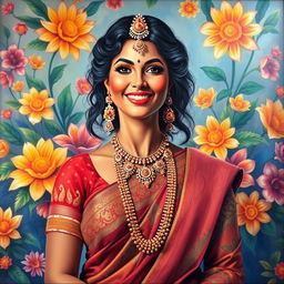 A vibrant and colorful painting inspired by Hindu culture, featuring a confidently posed woman dressed in traditional attire with intricate patterns