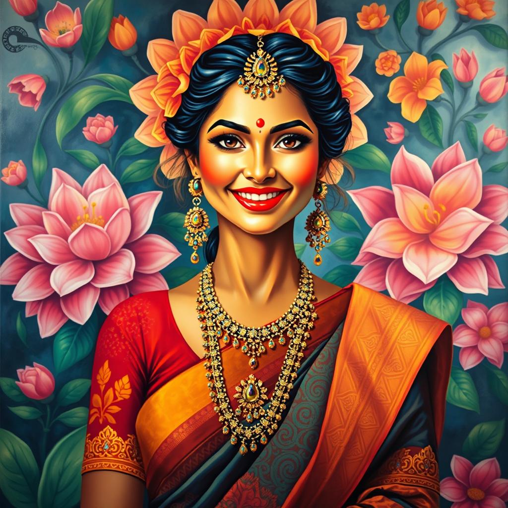 A vibrant and colorful painting inspired by Hindu culture, featuring a confidently posed woman dressed in traditional attire with intricate patterns