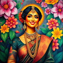 A vibrant and colorful painting inspired by Hindu culture, featuring a confidently posed woman dressed in traditional attire with intricate patterns
