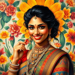 A vibrant and colorful painting inspired by Hindu culture, featuring a confidently posed woman dressed in traditional attire with intricate patterns