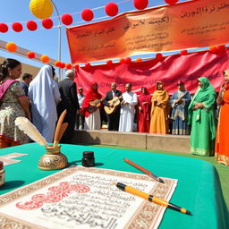 A vibrant and colorful celebration of Arabic Language Day, featuring a diverse group of people engaging in cultural activities related to the Arabic language
