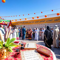 A vibrant and colorful celebration of Arabic Language Day, featuring a diverse group of people engaging in cultural activities related to the Arabic language