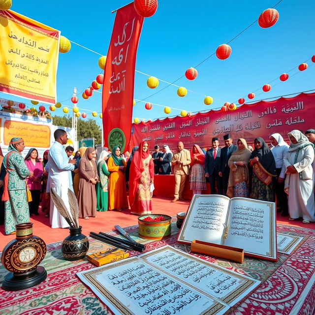 A vibrant and colorful celebration of Arabic Language Day, featuring a diverse group of people engaging in cultural activities related to the Arabic language