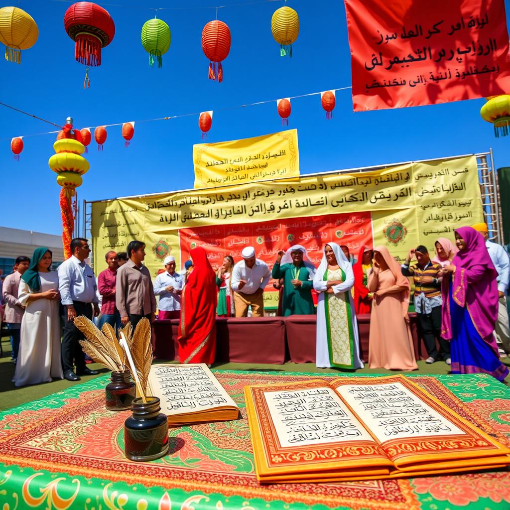 A vibrant and colorful celebration of Arabic Language Day, featuring a diverse group of people engaging in cultural activities related to the Arabic language