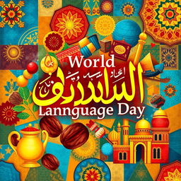 A vibrant and colorful illustration celebrating World Arabic Language Day, featuring the iconic Arabic calligraphy beautifully intertwined with symbols of various Arabic cultures such as a traditional Arabic coffee pot, dates, and historical landmarks like the Great Pyramids and the Alhambra