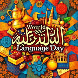 A vibrant and colorful illustration celebrating World Arabic Language Day, featuring the iconic Arabic calligraphy beautifully intertwined with symbols of various Arabic cultures such as a traditional Arabic coffee pot, dates, and historical landmarks like the Great Pyramids and the Alhambra
