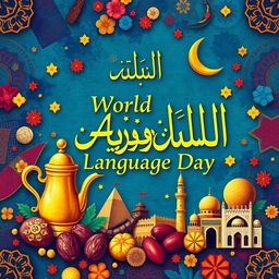 A vibrant and colorful illustration celebrating World Arabic Language Day, featuring the iconic Arabic calligraphy beautifully intertwined with symbols of various Arabic cultures such as a traditional Arabic coffee pot, dates, and historical landmarks like the Great Pyramids and the Alhambra