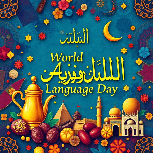 A vibrant and colorful illustration celebrating World Arabic Language Day, featuring the iconic Arabic calligraphy beautifully intertwined with symbols of various Arabic cultures such as a traditional Arabic coffee pot, dates, and historical landmarks like the Great Pyramids and the Alhambra