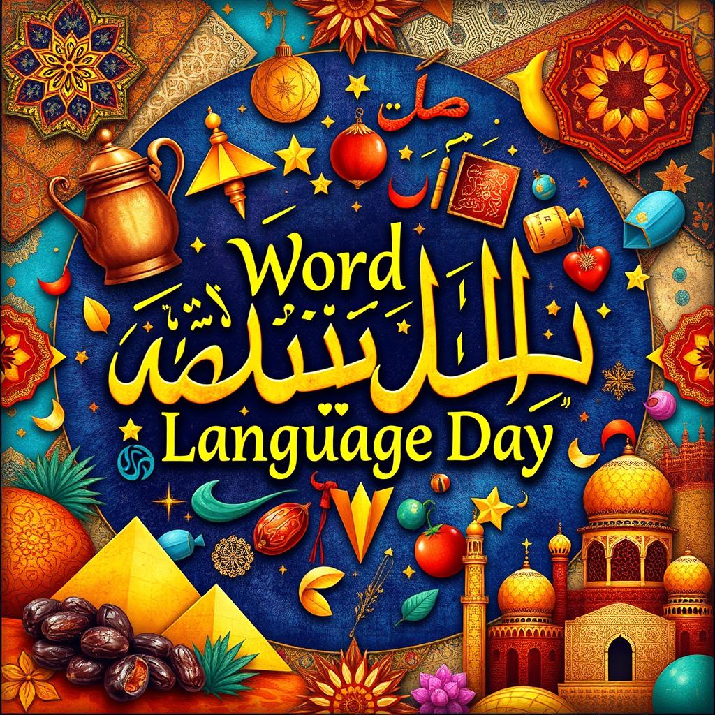 A vibrant and colorful illustration celebrating World Arabic Language Day, featuring the iconic Arabic calligraphy beautifully intertwined with symbols of various Arabic cultures such as a traditional Arabic coffee pot, dates, and historical landmarks like the Great Pyramids and the Alhambra
