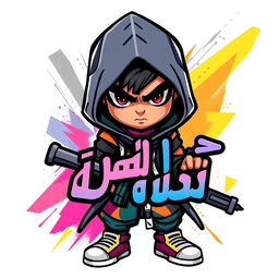 Create a young Arabic character for a video game, designed as a dynamic and insane icon or logo