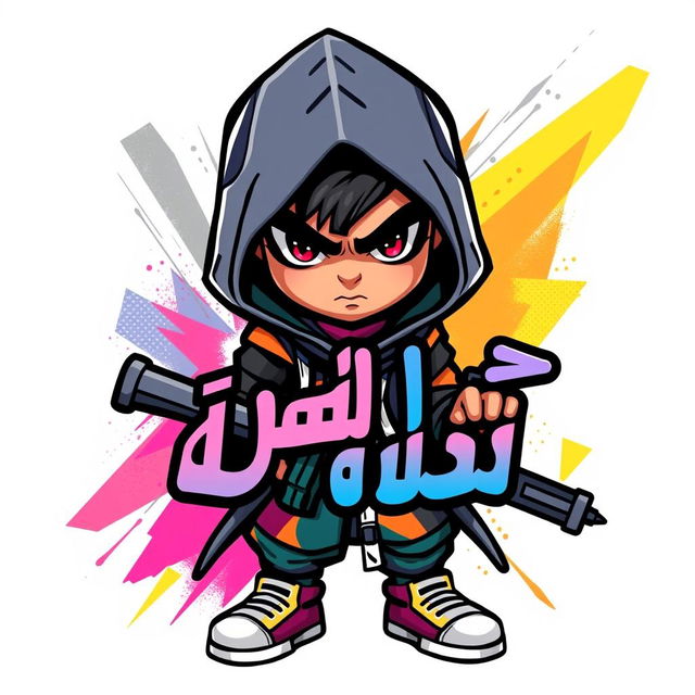 Create a young Arabic character for a video game, designed as a dynamic and insane icon or logo