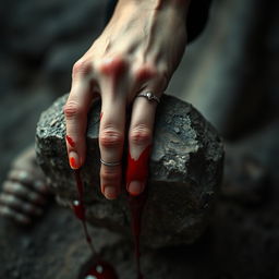 A close-up of a woman's hand gripping a rugged stone, with fresh blood oozing from her palm and dripping down onto the ground