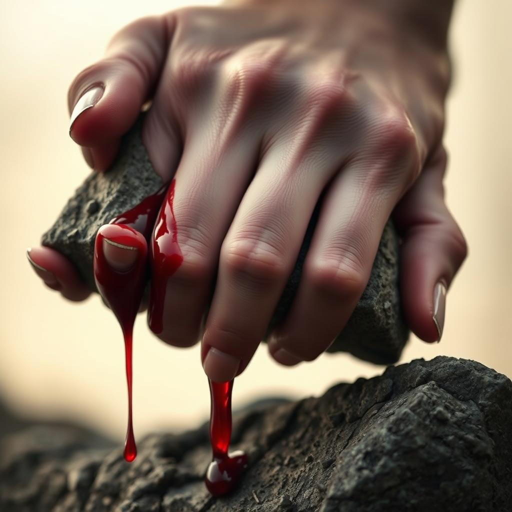 A close-up of a woman's hand gripping a rugged stone, with fresh blood oozing from her palm and dripping down onto the ground