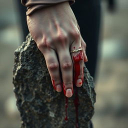 A close-up of a woman's hand gripping a rugged stone, with fresh blood oozing from her palm and dripping down onto the ground