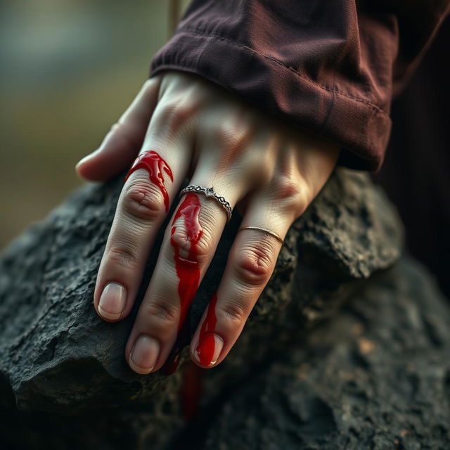 A close-up of a woman's hand gripping a rugged stone, with fresh blood oozing from her palm and dripping down onto the ground