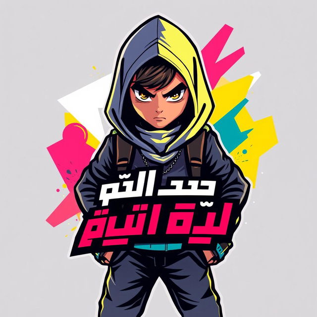 Create a young Arabic character depicted as a dynamic and insane icon or logo