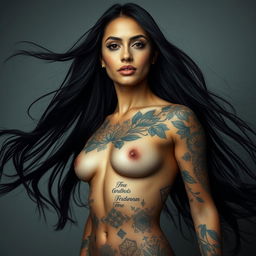 A captivating portrait of a woman with long, flowing black hair, showcasing her fit and toned physique