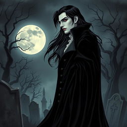 A striking vampire character design for a gothic novel cover, featuring a tall, elegant vampire with long, flowing black hair and piercing crimson eyes